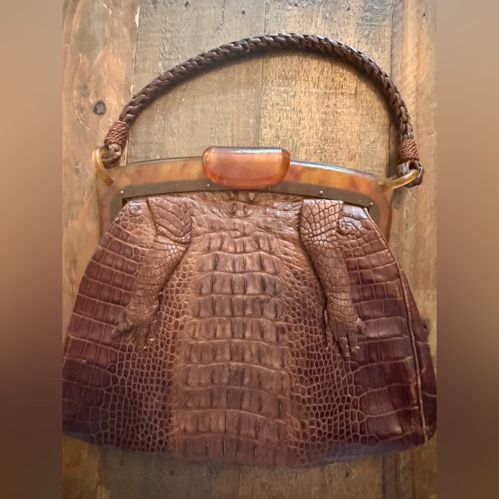 Vintage Alligator skin 1940s Hands Novelty Purse with Bakelite hardware